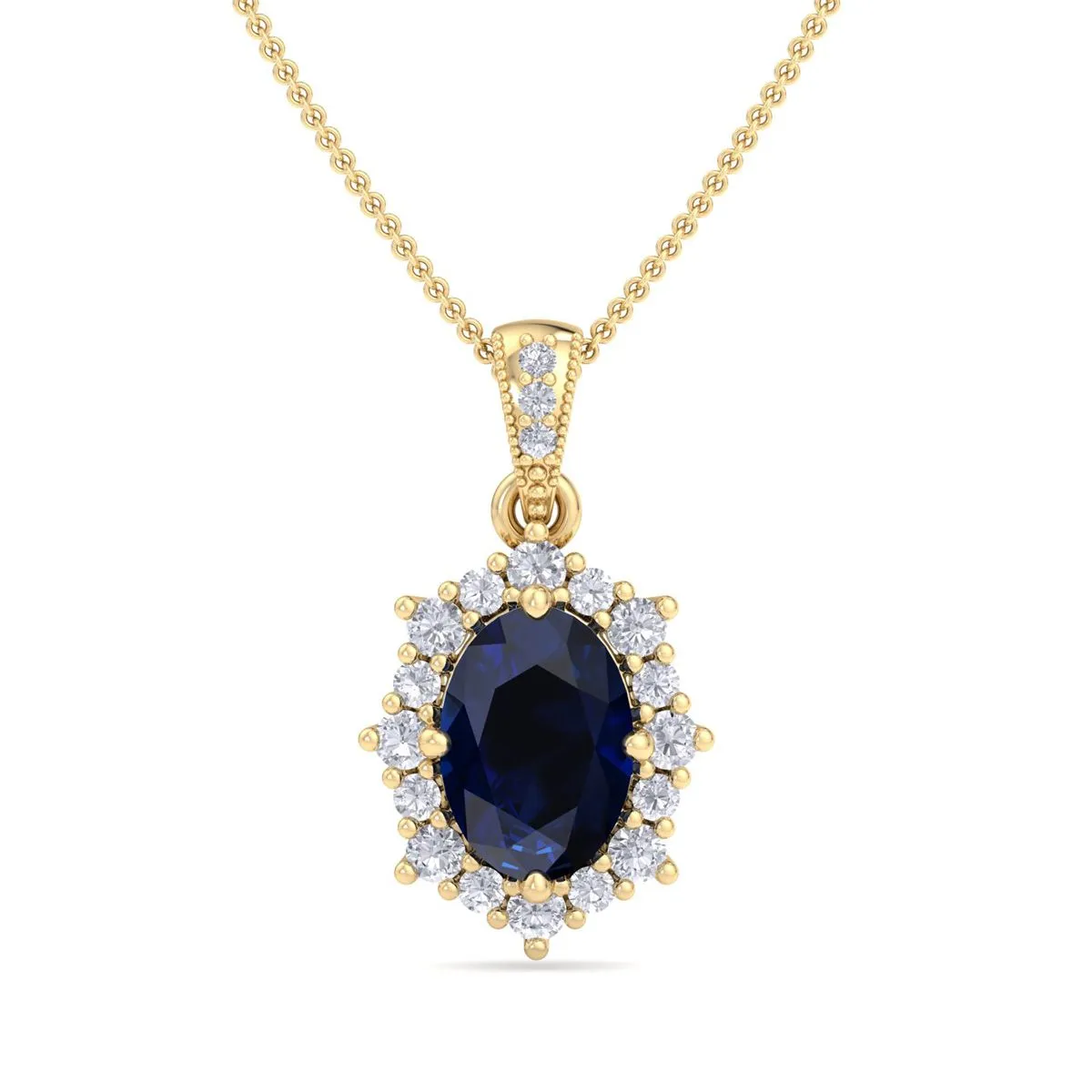 1 3/4 Carat Oval Shape Sapphire And Diamond Necklace In 14K Yellow Gold