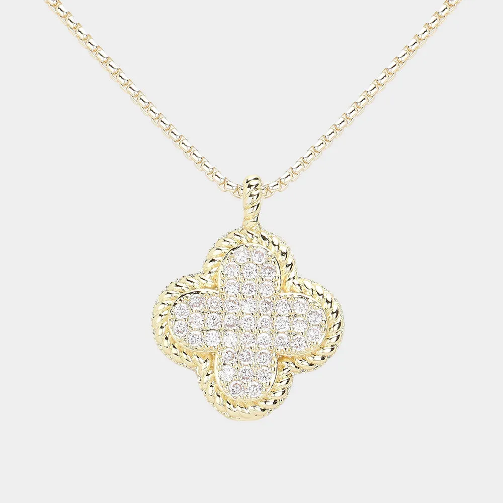 14K Gold Plated CZ Stone Paved Quatrefoil Pendant Two Tone Necklace