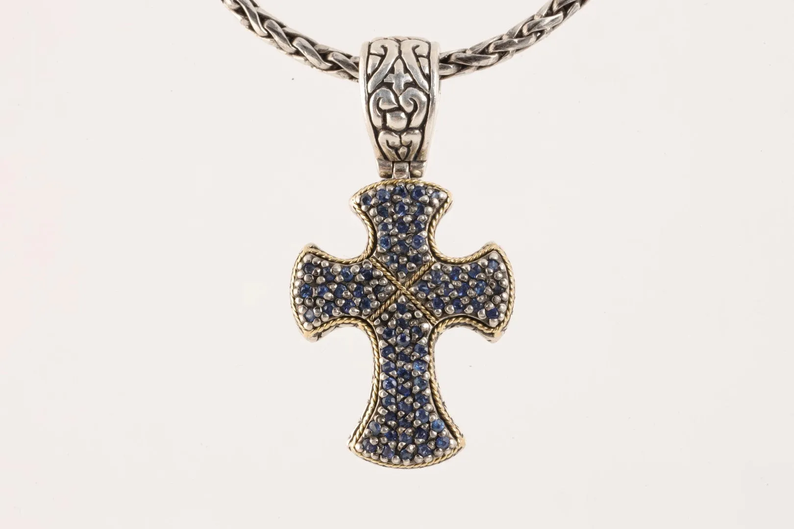 18'' Effy 925 Silver & 18k Yellow Gold 0.88tcw Sapphire Cross Necklace (29.03g.)