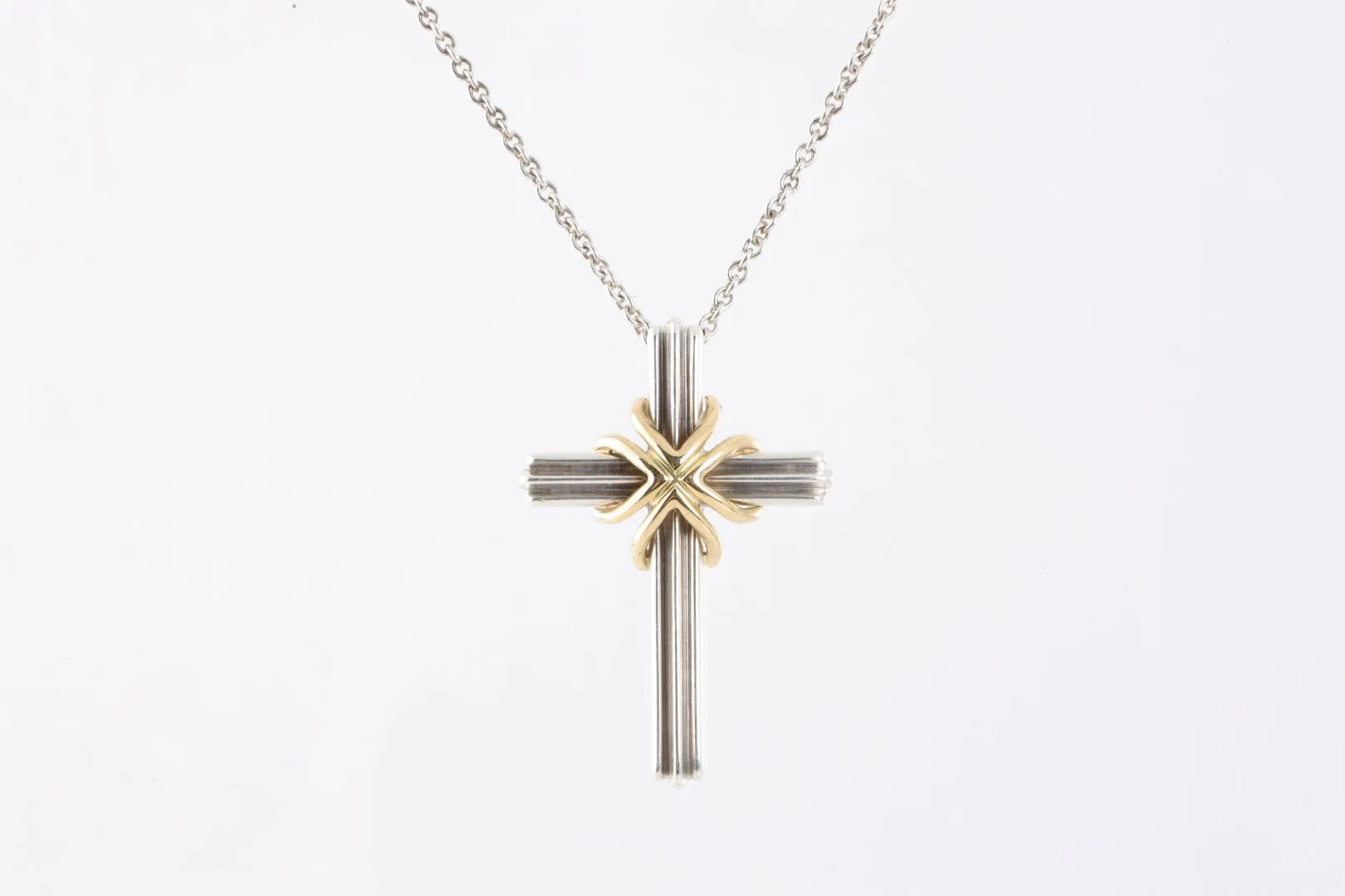 18" Tiffany & Co. 925 Silver & 18k Yellow Gold Cross Pendant Necklace (8.02g.)