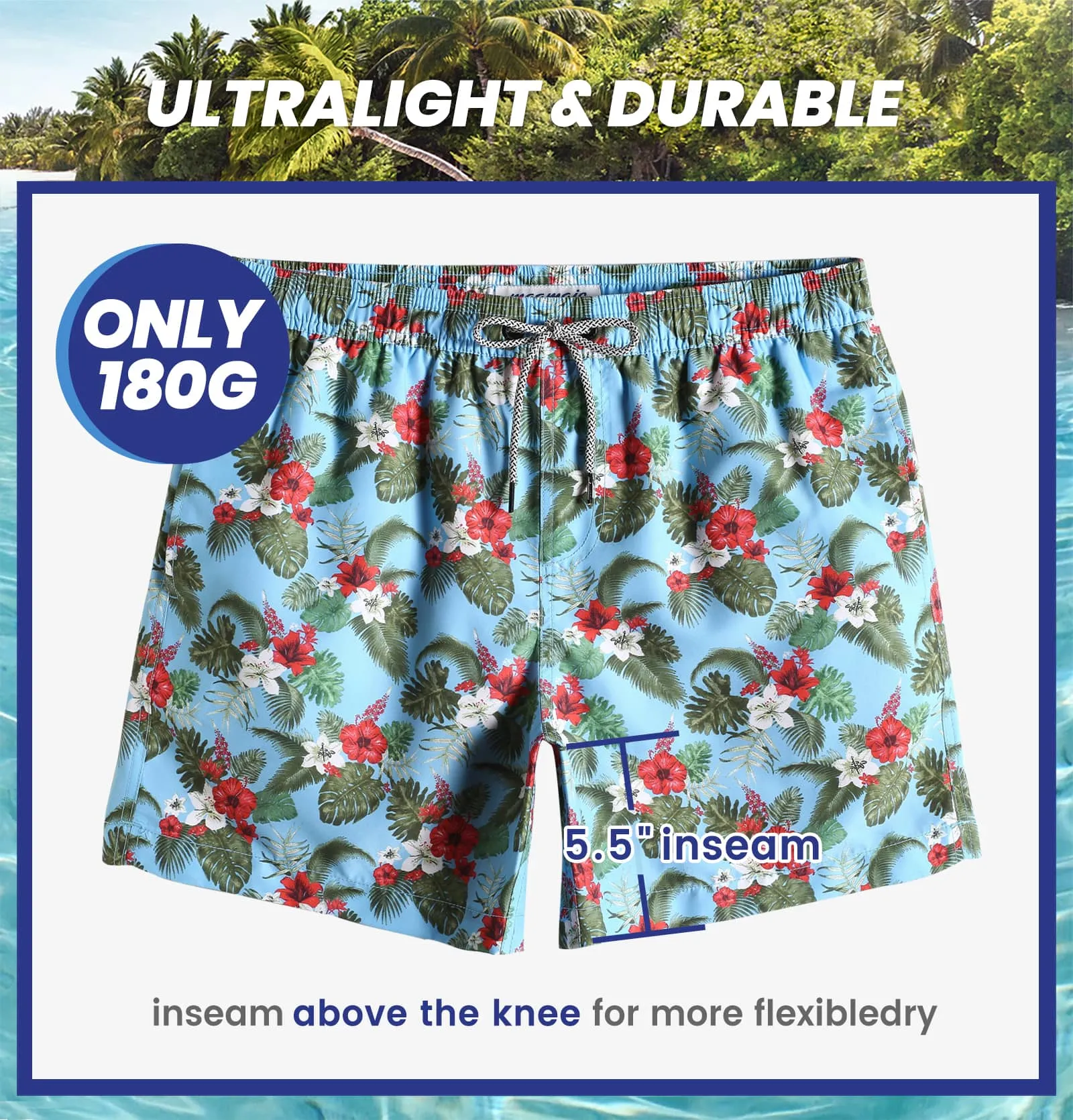 5.5 Inch Inseam Blue Bouquet Swim Trunks