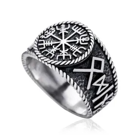 925 Sterling Silver Antique Vegvisir and Runes Ring