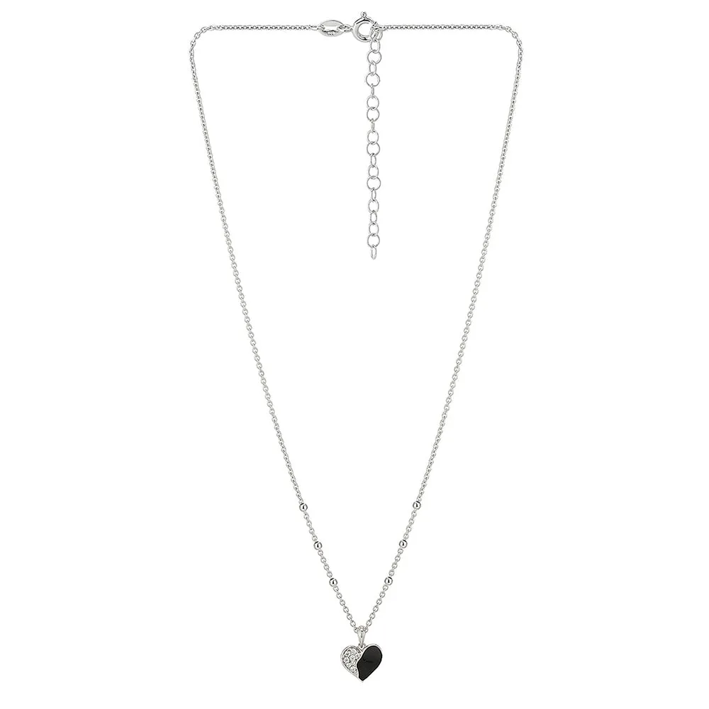 925 Sterling Silver Rhodium Plated And Cz Enamel Heart Pendant With Chain For Women