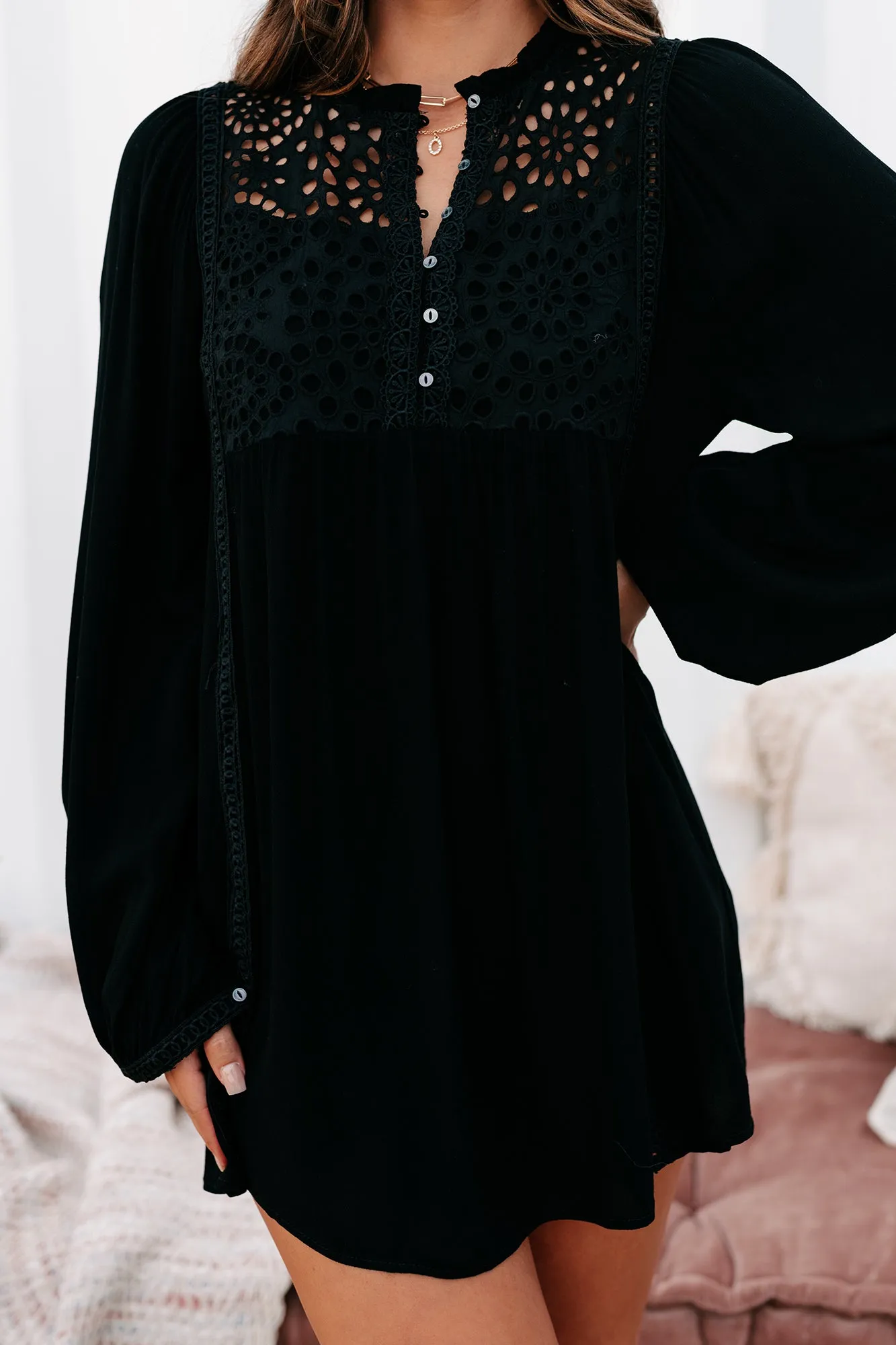 Afternoon Abroad Long Sleeved Eyelet Tunic/Dress (Black)