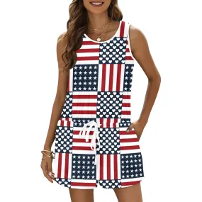 americana love rwb print All Over Print Vest Short Jumpsuit