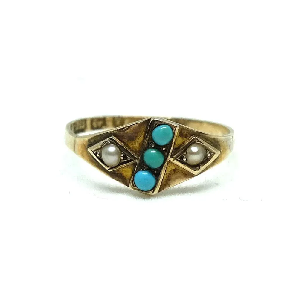 Antique Victorian Turquoise & Pearl 9ct Gold Ring