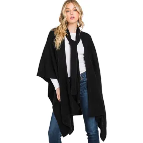 Attached Scarf Solid Cape Poncho With Neckline Tie