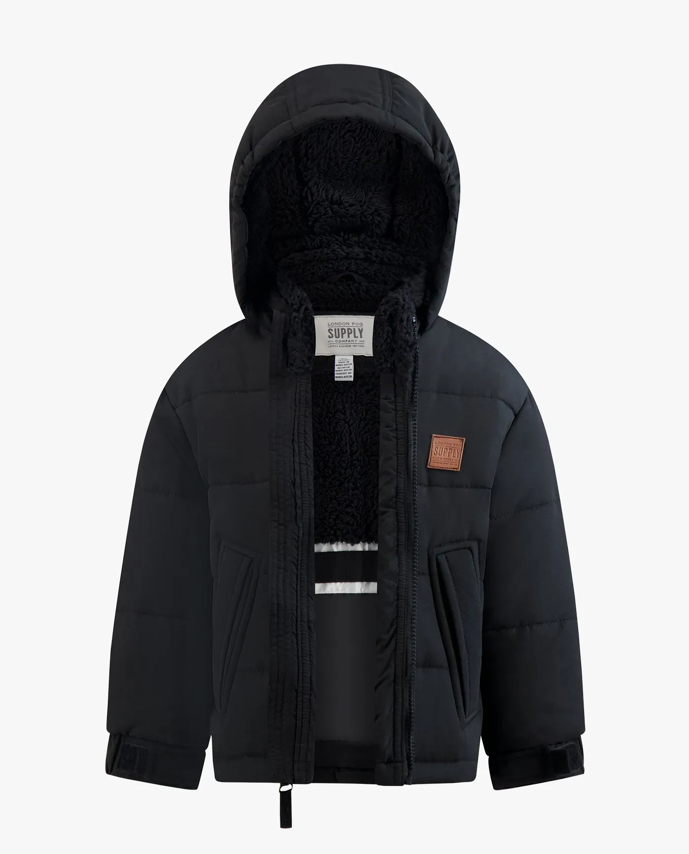 BABY BOYS ZIP-FRONT HOODED SHERPA LINED PUFFER