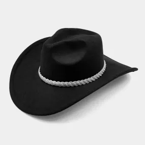 Black Stone Paved Twisted Strap Band Pointed Cowboy Fedora Hat