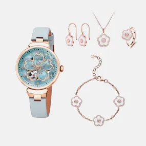 BLUE CHERRY BLOSSOM 36MM AUTOMATIC WATCH & FLOWER CERAMIC  JEWELLERIES（EARRINGS & BRACELET & NECKLACE & RING）