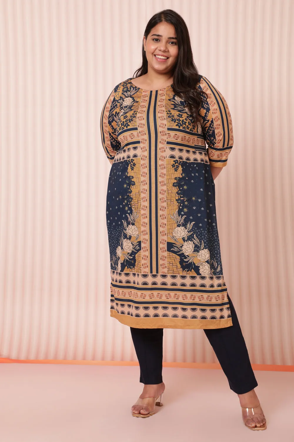 Blue Mustard Printed Ethnic Kurta