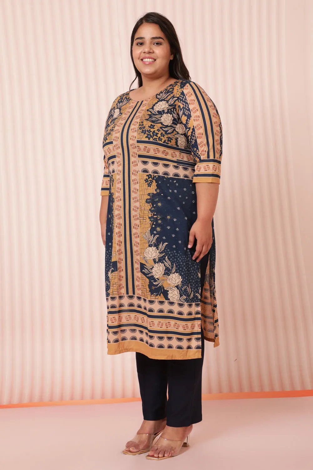 Blue Mustard Printed Ethnic Kurta