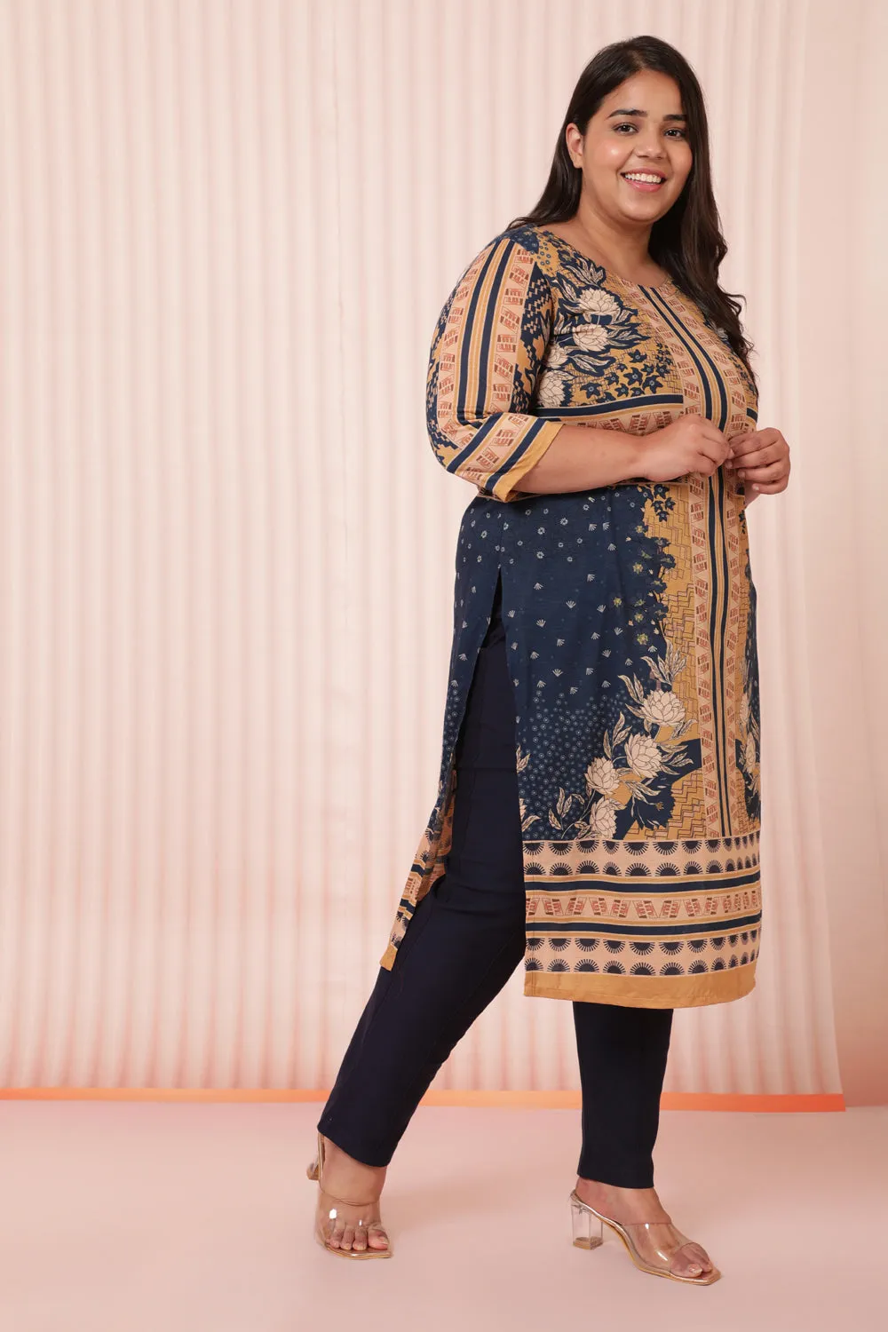 Blue Mustard Printed Ethnic Kurta