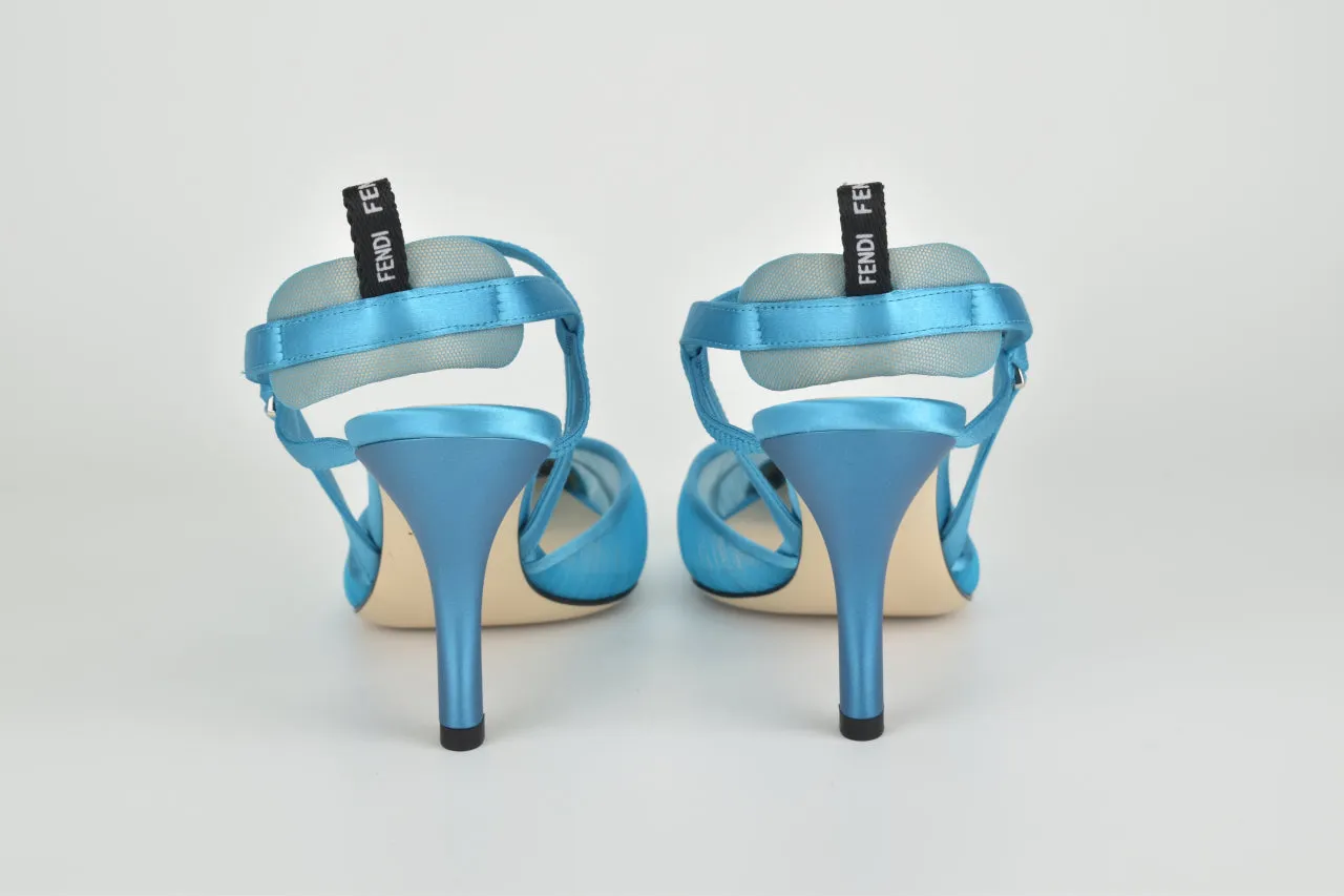 Blue Satin & Tulle Pointed Toe Slingback Pump 85