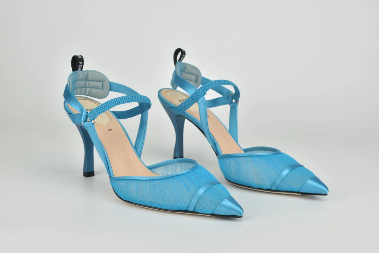 Blue Satin & Tulle Pointed Toe Slingback Pump 85