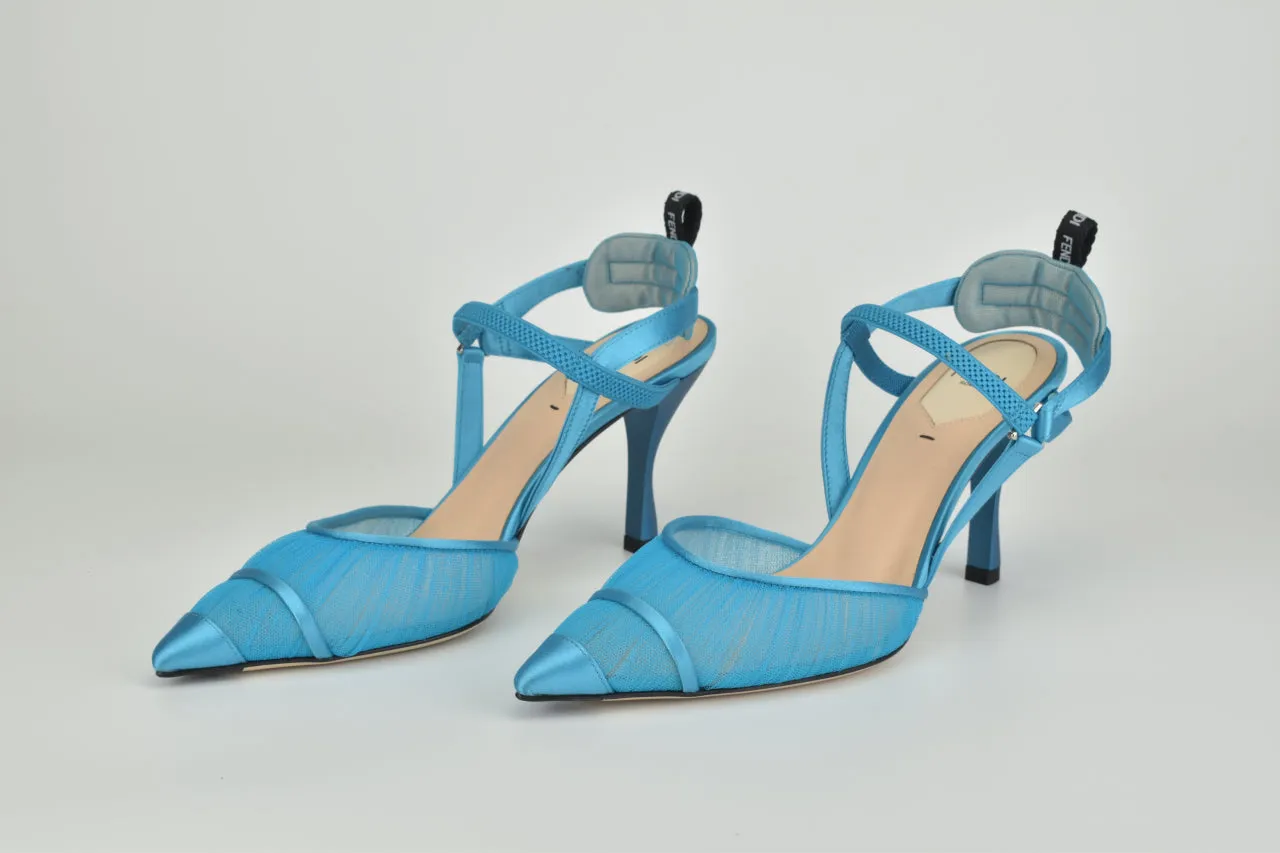 Blue Satin & Tulle Pointed Toe Slingback Pump 85