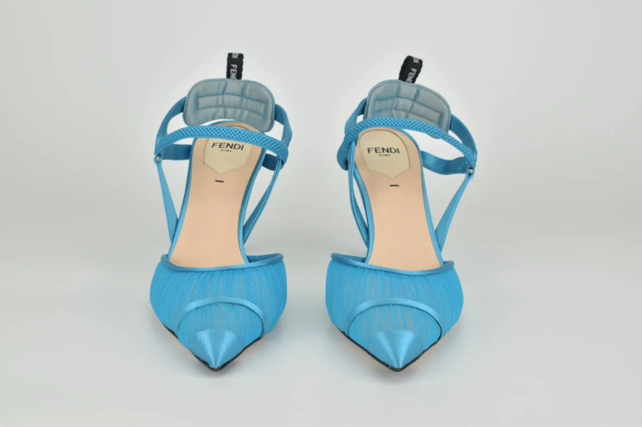 Blue Satin & Tulle Pointed Toe Slingback Pump 85