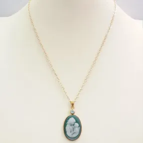 Blue Topaz with Green and White Agate Mother and Child Cameo Necklace