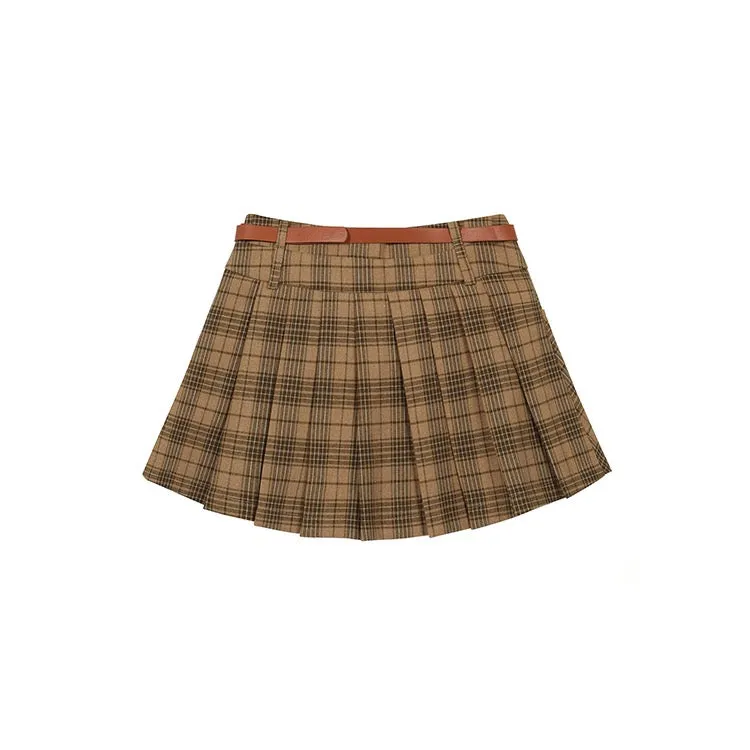 Brown Plaid Belt Skirt