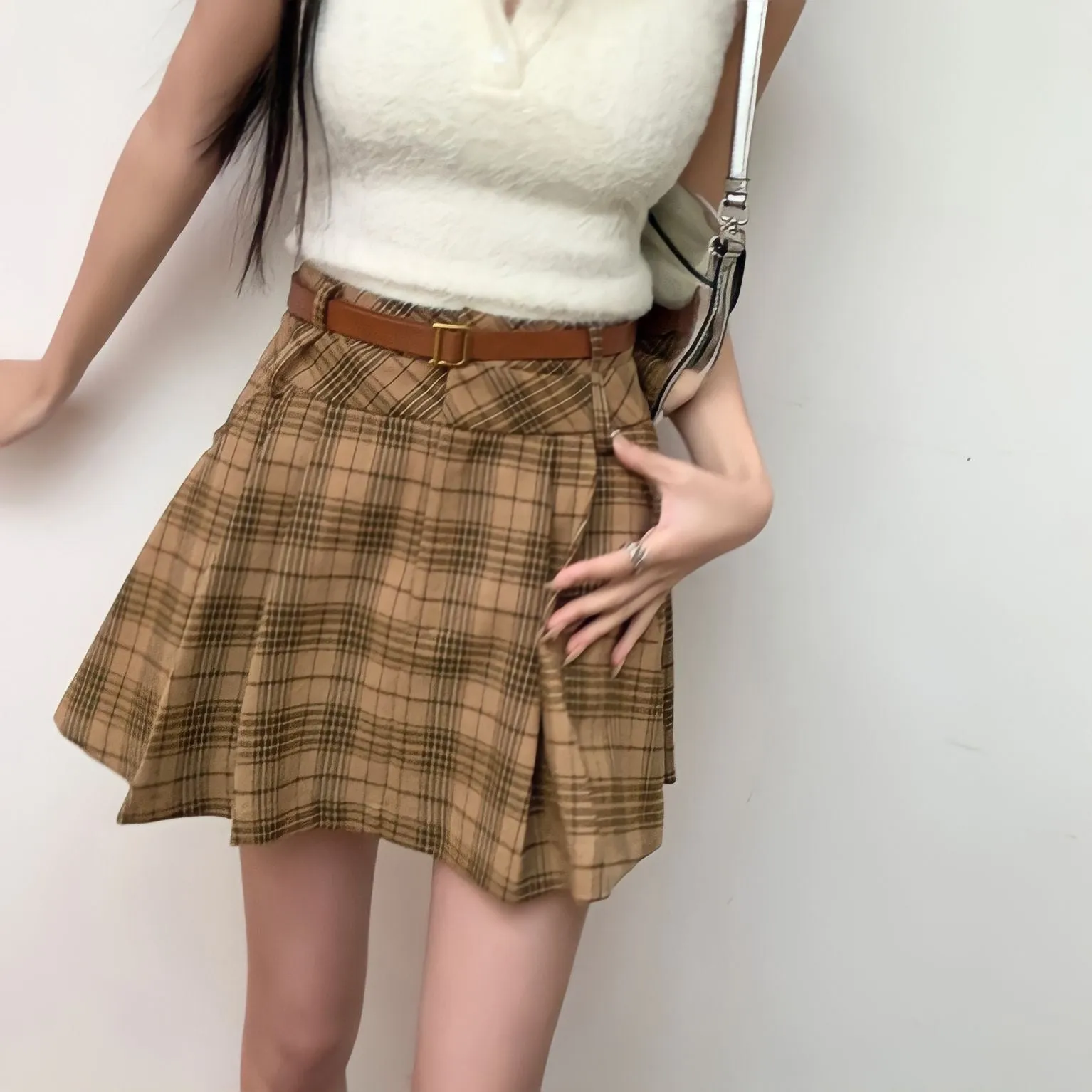 Brown Plaid Belt Skirt