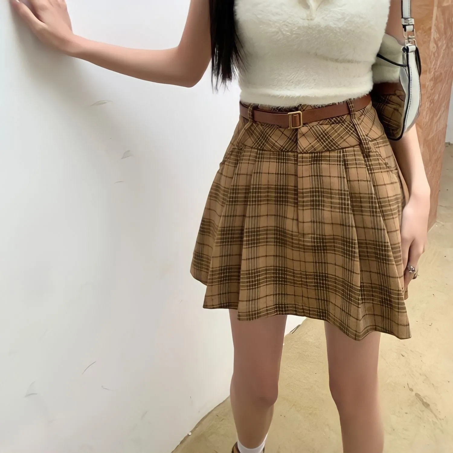 Brown Plaid Belt Skirt