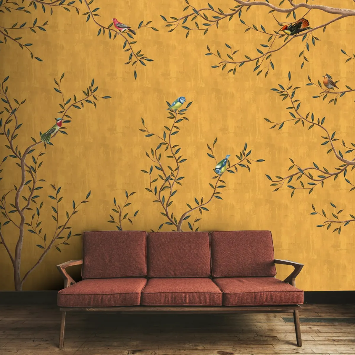 Chinoiserie Design, Mustard Yellow Wallpaper for Walls, Customised