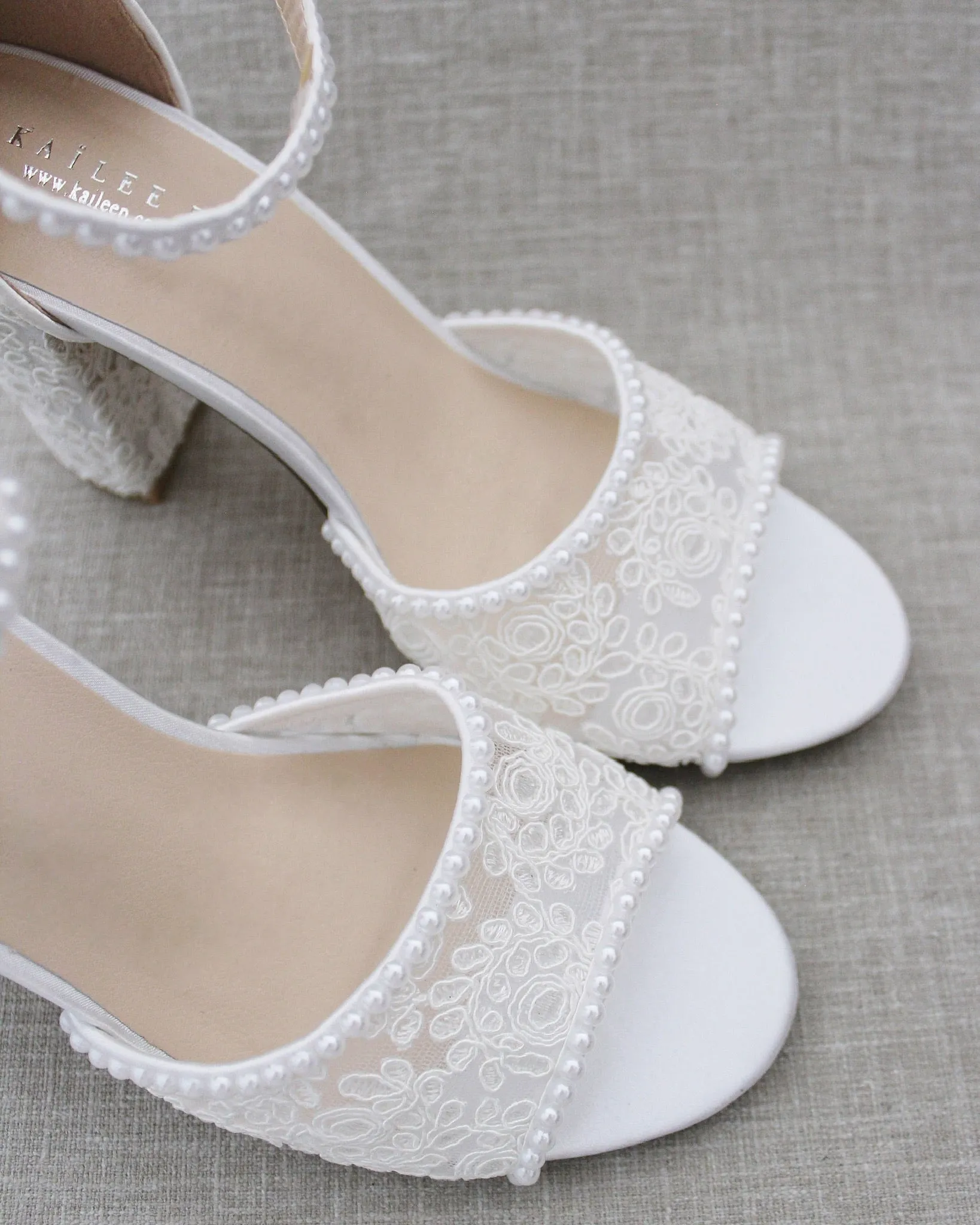 Crochet Lace Block Heel Sandals with Mini Pearls