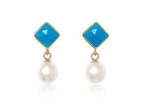 Diamond-Shaped Turquoise Stud Earrings with Pearl Drop