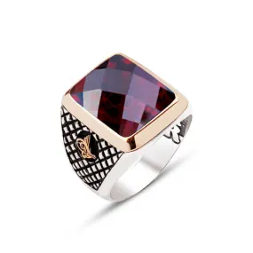 Facet Cut Red Zircon Stone Square Silver Men’s Ring Siding Diamond Pattern Ottoman Tughra