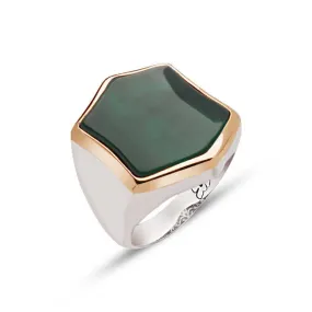 Green Agate Stone Hexagon Silver Men’s Ring