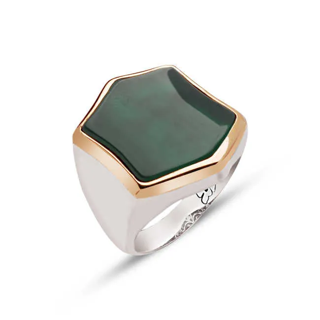 Green Agate Stone Hexagon Silver Men’s Ring