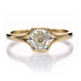 Hexagon Step Cut Moissanite Fold Semi-bezel 10k Yellow Gold Solitaire Engagement Ring