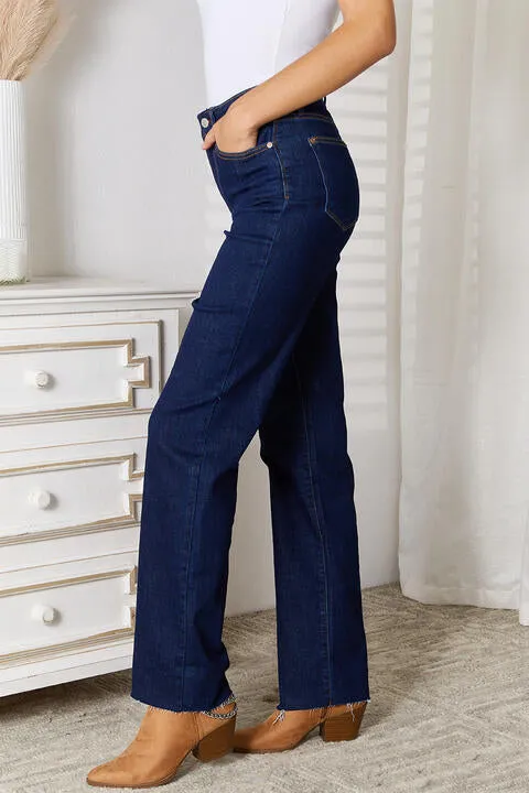 Judy Blue Dark Raw Hem Straight Leg Jeans with Pockets