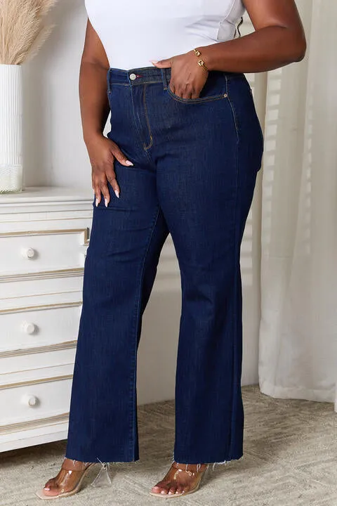 Judy Blue Dark Raw Hem Straight Leg Jeans with Pockets