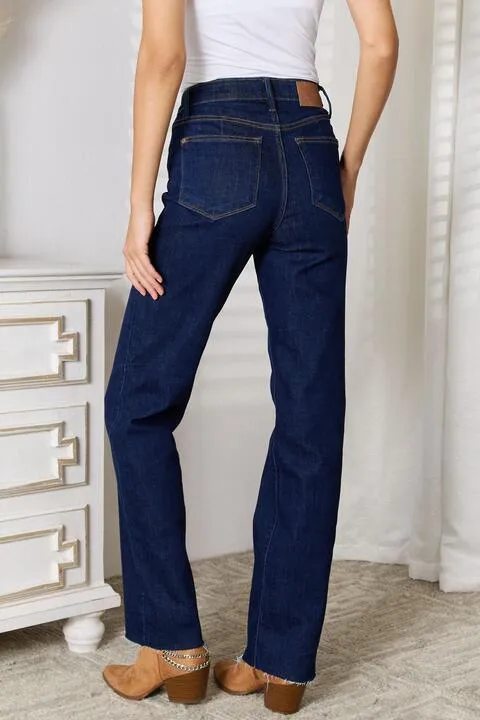 Judy Blue Dark Raw Hem Straight Leg Jeans with Pockets