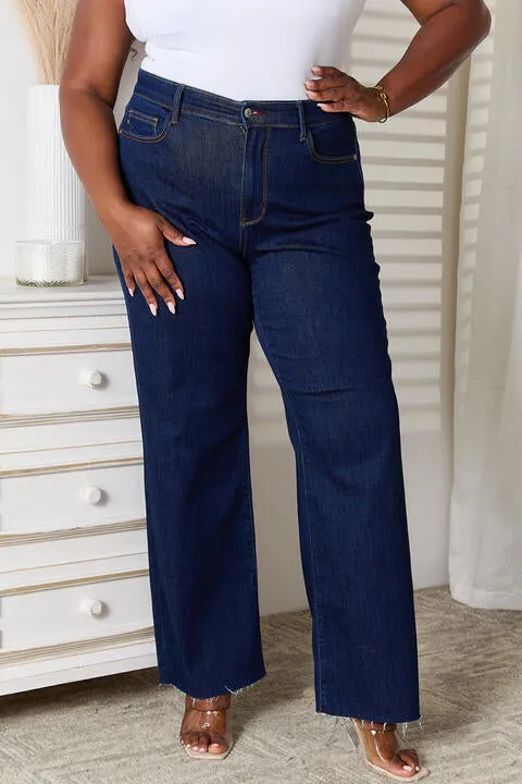 Judy Blue Dark Raw Hem Straight Leg Jeans with Pockets