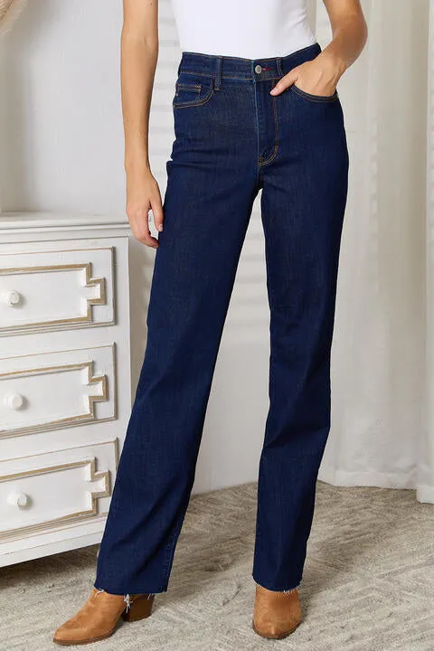 Judy Blue Dark Raw Hem Straight Leg Jeans with Pockets