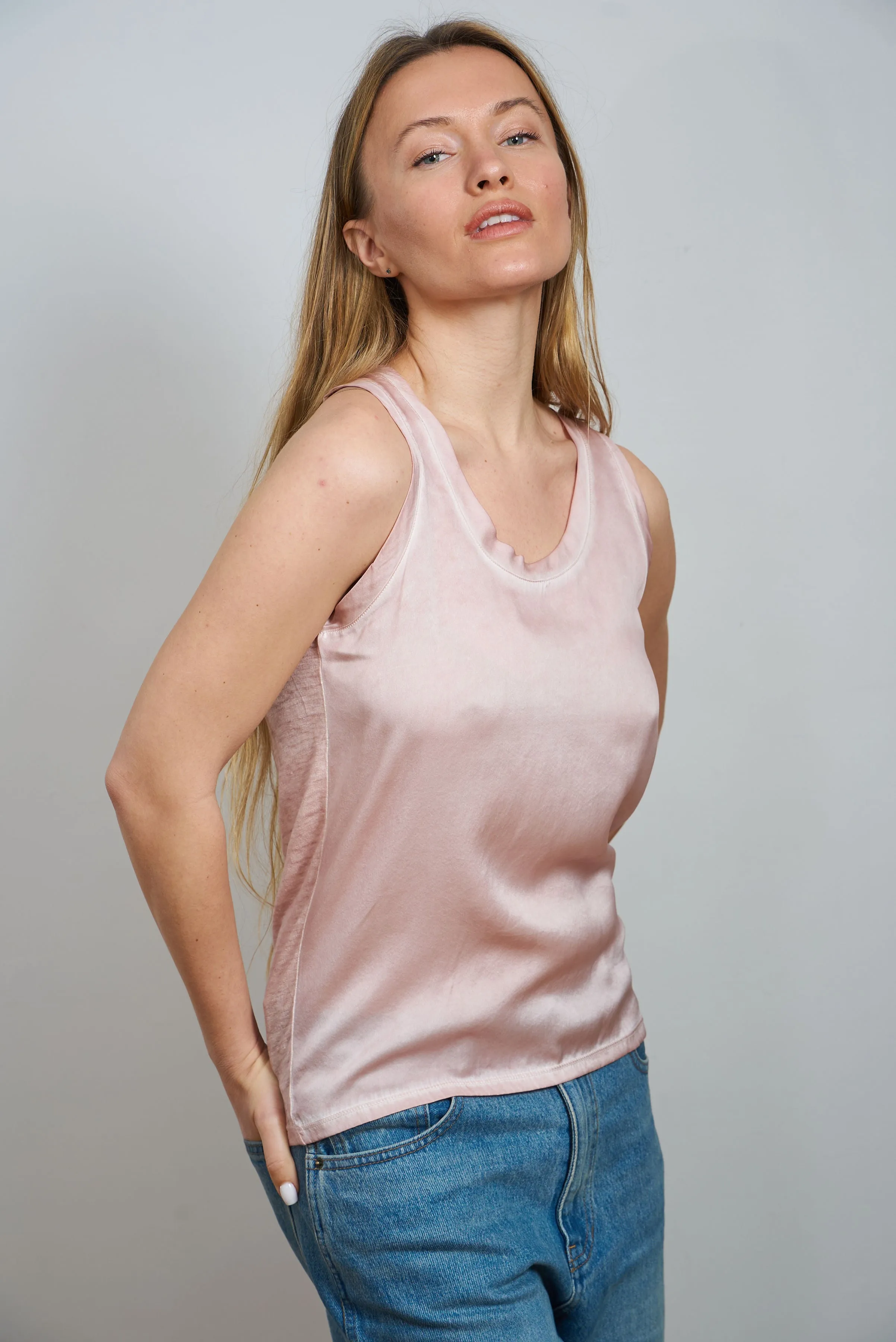 Linen Silk Scoop Neck Tank - Rose