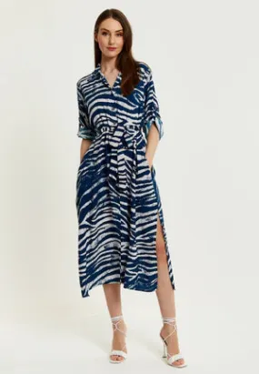 Liquorish Navy Zebra Print Midi Shirt Dress