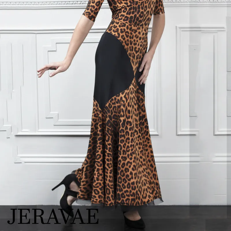 Long Brown and Black Cheetah Print Ballroom Practice Skirt with Color Blocking and Soft Hem Sizes S-3XL PRA 647