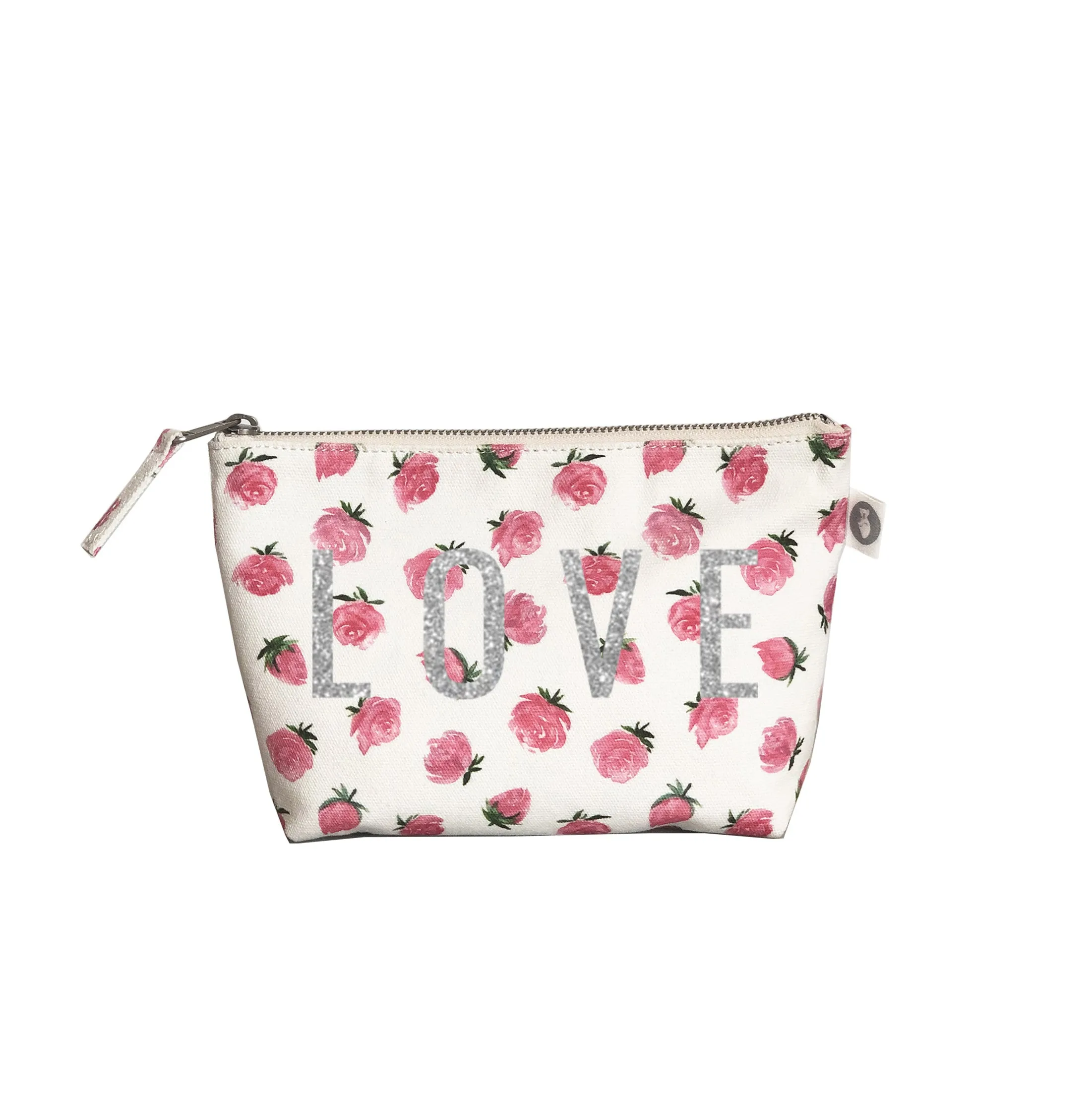 Makeup Bag: White Floral with Silver Glitter LOVE