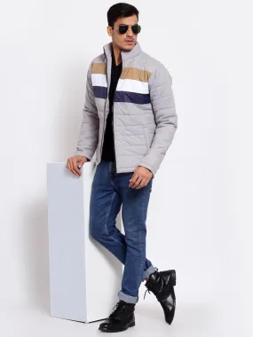 Men Grey & Navy Blue Striped Lightweight Outdoor Padded Jacket