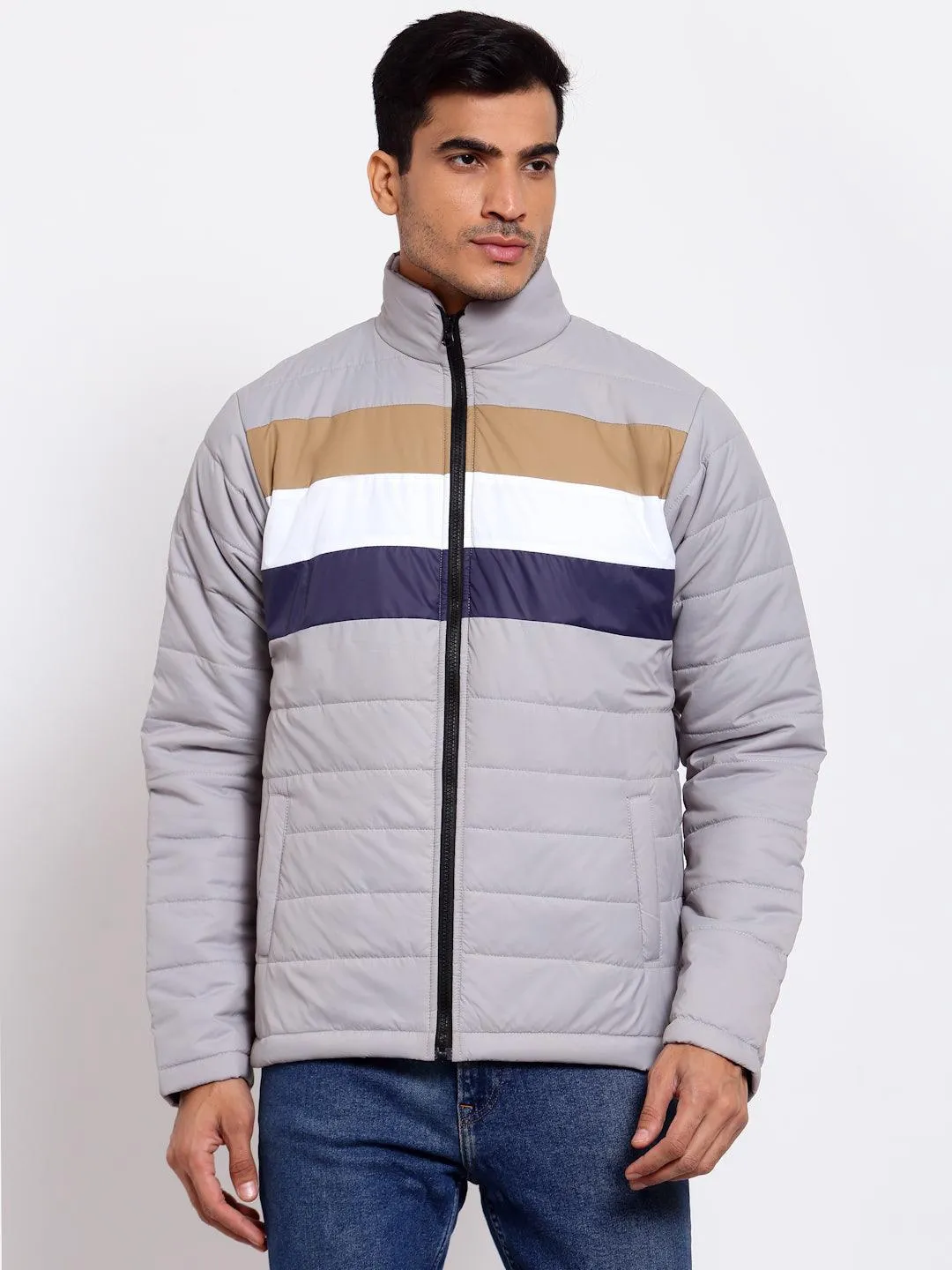 Men Grey & Navy Blue Striped Lightweight Outdoor Padded Jacket