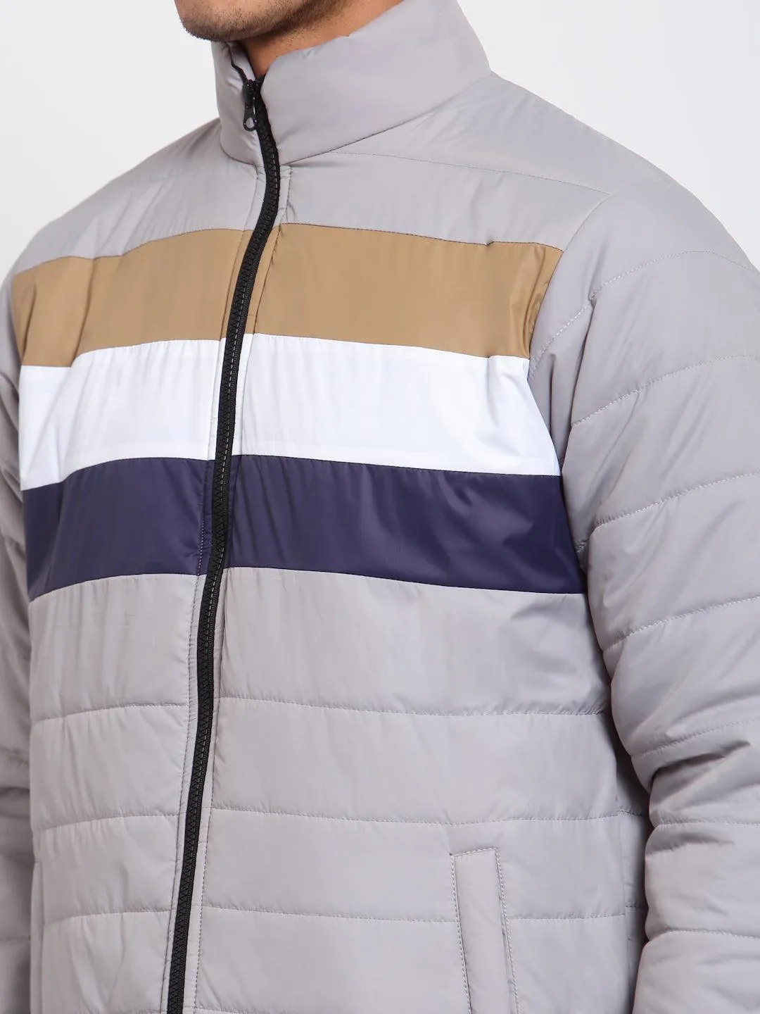 Men Grey & Navy Blue Striped Lightweight Outdoor Padded Jacket