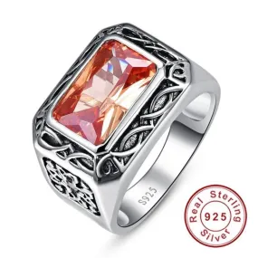 Morganite Antique Square 925 Sterling Silver Ring for Men