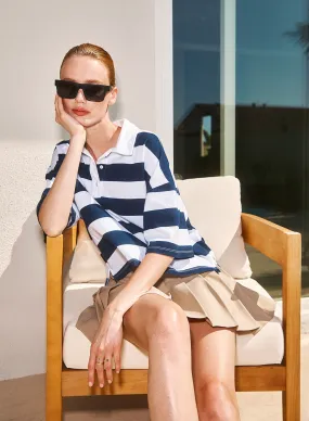 Navy Rugby Stripe Short Sleeve Boxy Polo in White