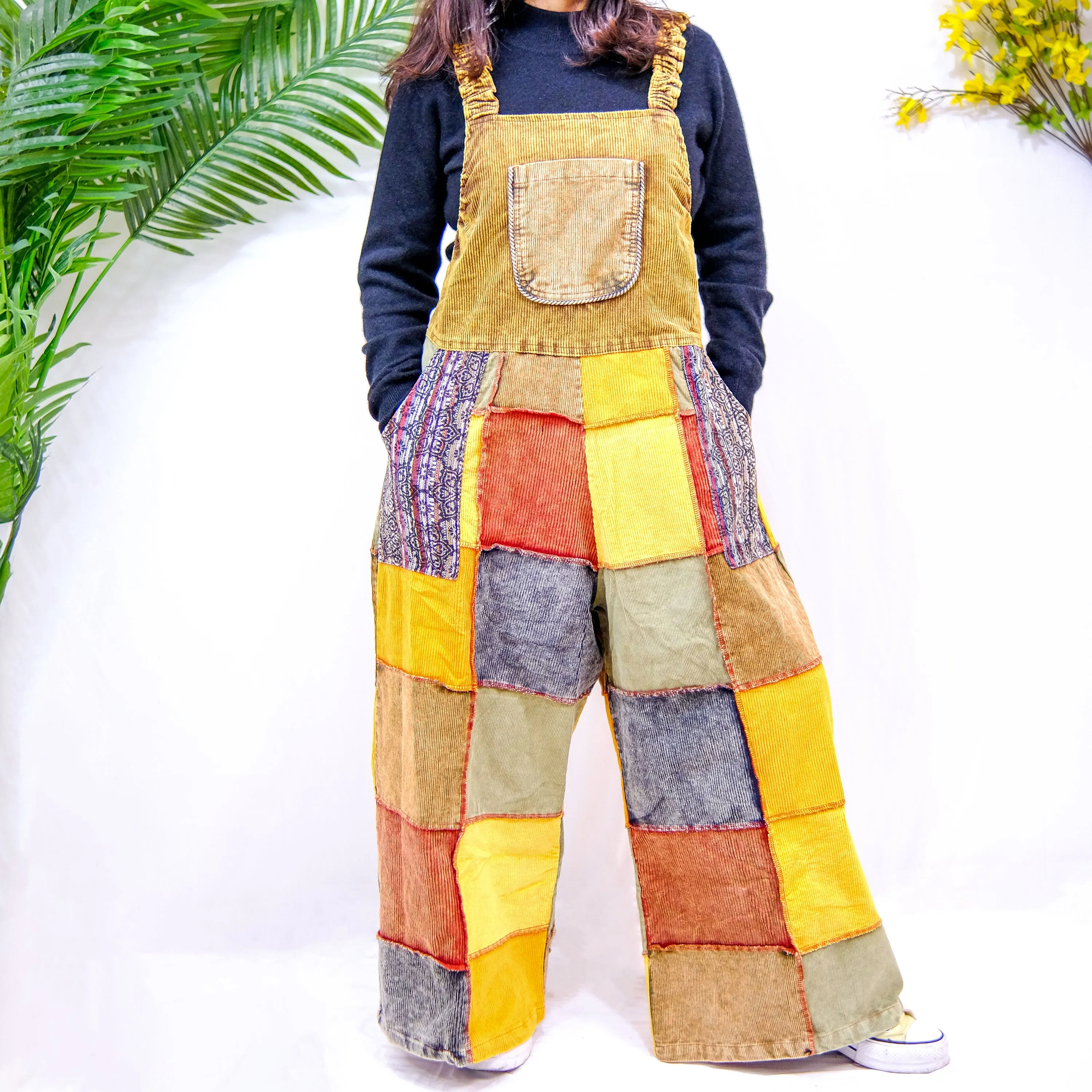 Patchwork Corduroy Wide Leg Jumpsuit