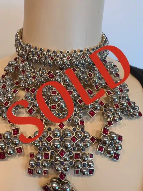 Rare Chanel 16S 2016 Spring Bib Collar Red Blue Gripoix Silver Necklace