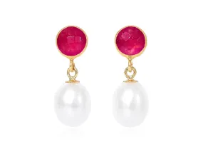 Ruby Quartz and Freshwater Pearl - Drop Earrings