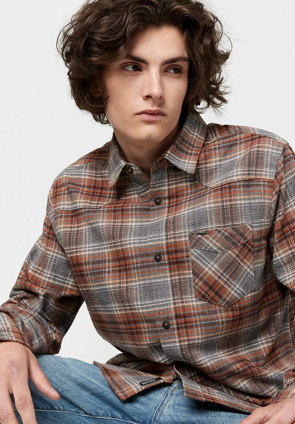 Sacol Men's Long-Sleeve Shirt in Grey Brown Plaid - BM23668